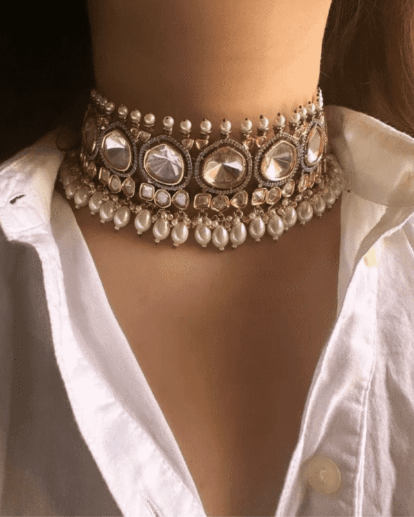 Royal pearls uncut polki choker necklace set