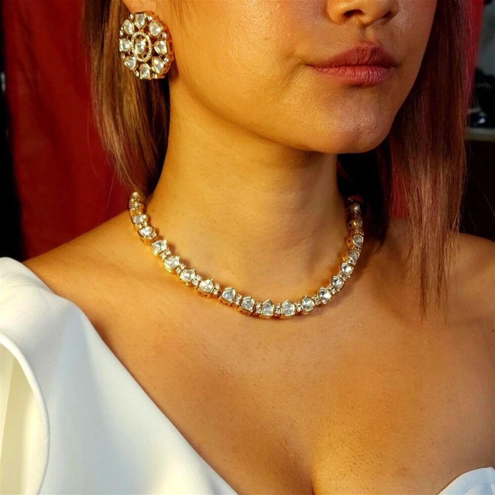 Prettiest sleek moissanite polki set – necklace & earrings