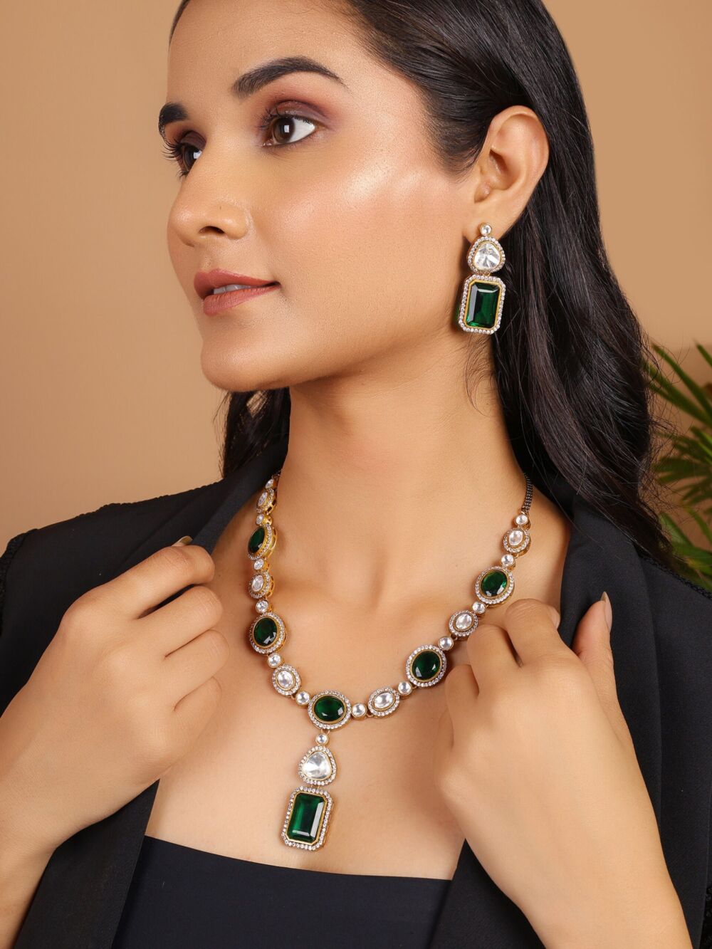 Mirah emerald layered necklace set – gold-plated bridal jewelry with emerald and polki stones